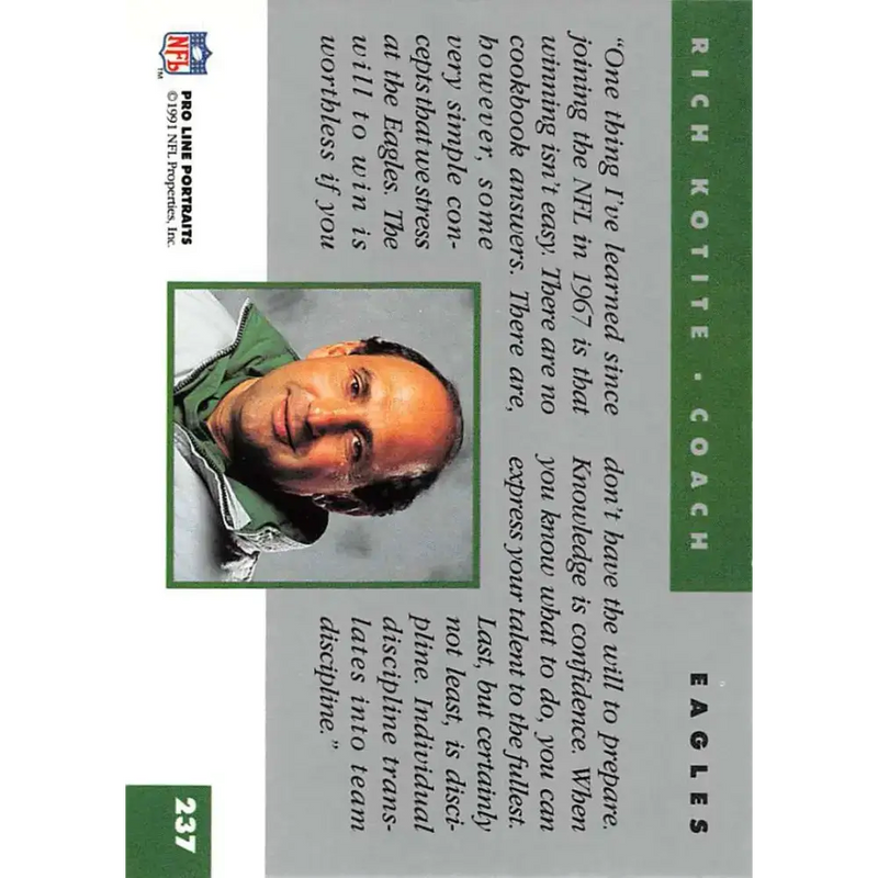 1991 Pro Line Portraits #237 Rich Kotite EX-NM Philadelphia Eagles Football Card - Football Card Single