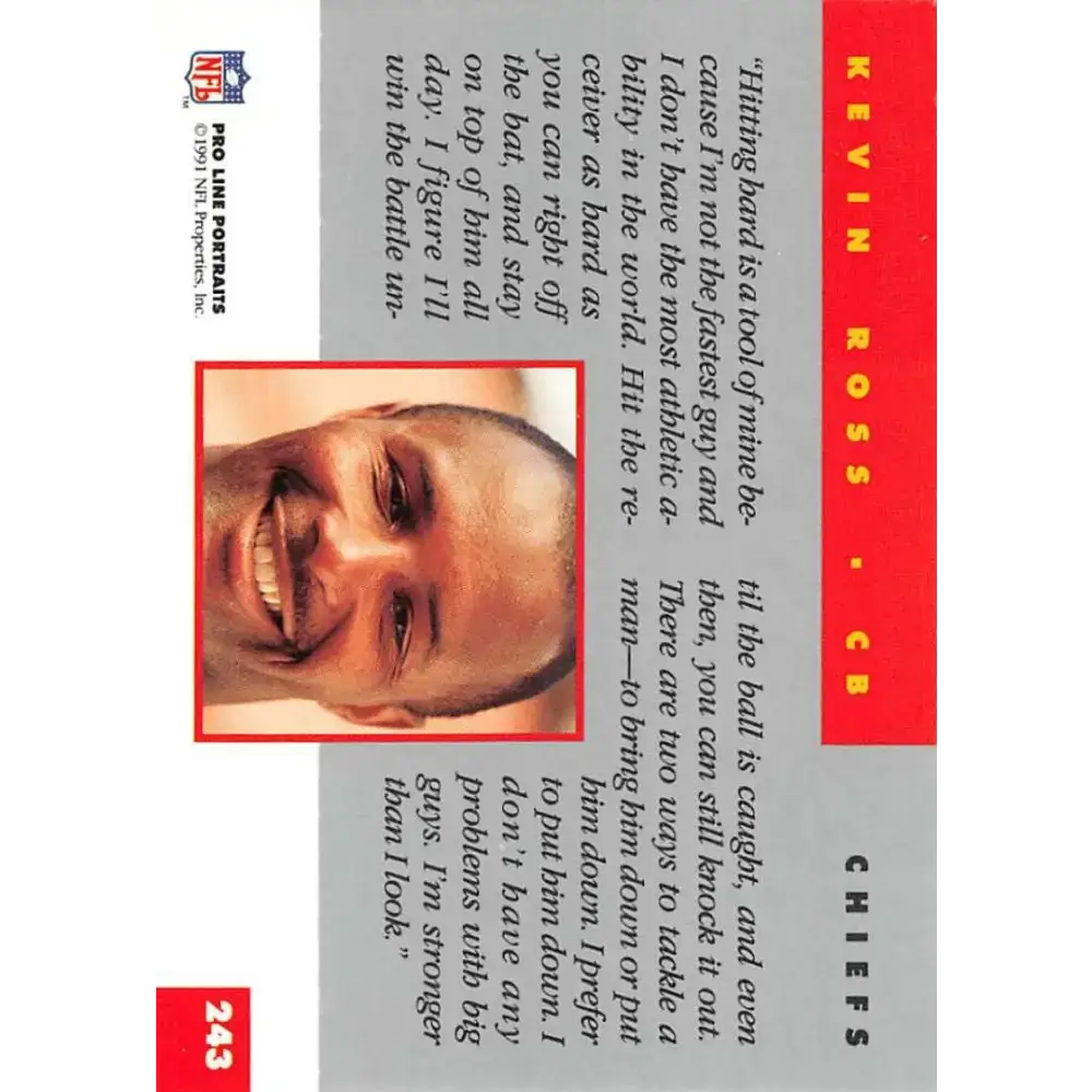 1991 Pro Line Portraits #243 Kevin Ross EX-NM Kansas City Chiefs Football Card - Football Card Single