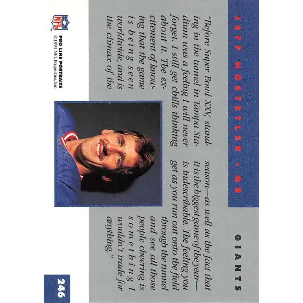 1991 Pro Line Portraits #246 Jeff Hostetler EX-NM New York Giants Football Card - Football Card Single