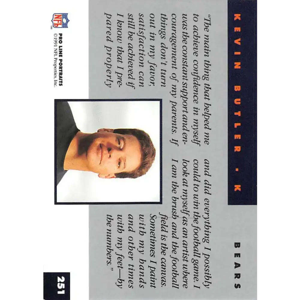 1991 Pro Line Portraits #251 Kevin Butler EX-NM Chicago Bears Football Card - Football Card Single