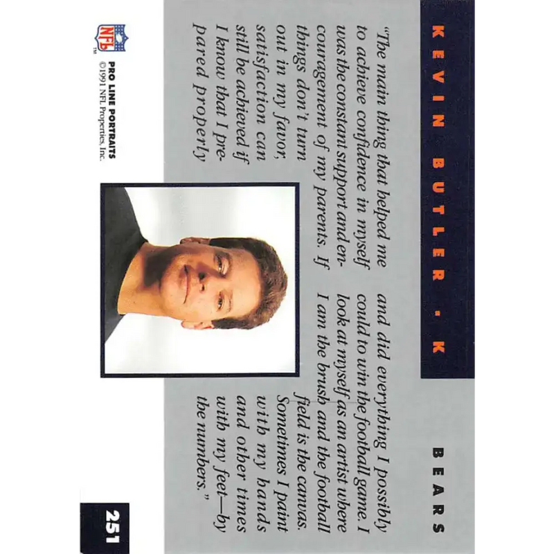 1991 Pro Line Portraits #251 Kevin Butler EX-NM Chicago Bears Football Card - Football Card Single