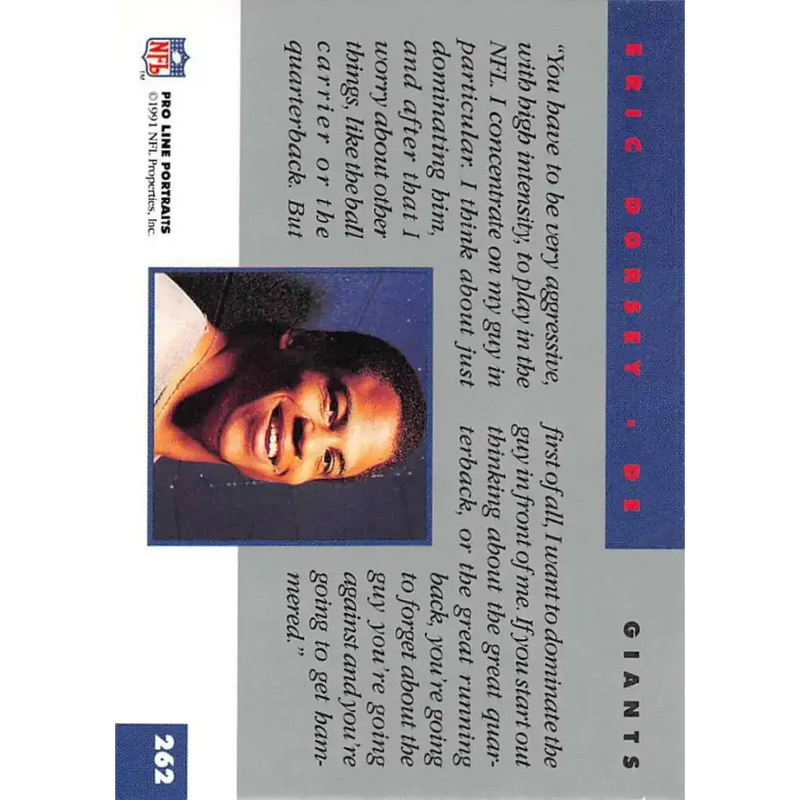 1991 Pro Line Portraits #262 Eric Dorsey EX-NM New York Giants Football Card - Football Card Single