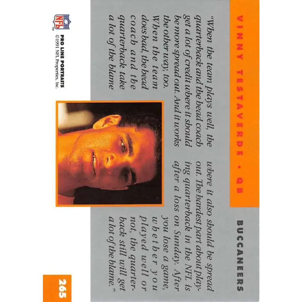 1991 Pro Line Portraits #265 Vinny Testaverde EX-NM Tampa Bay Buccaneers Football Card - Football Card Single