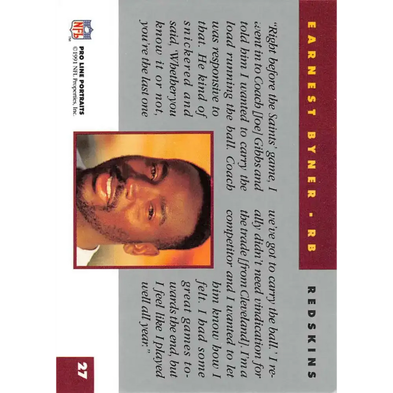 1991 Pro Line Portraits #27 Earnest Byner EX-NM Washington Redskins Football Card - Football Card Single