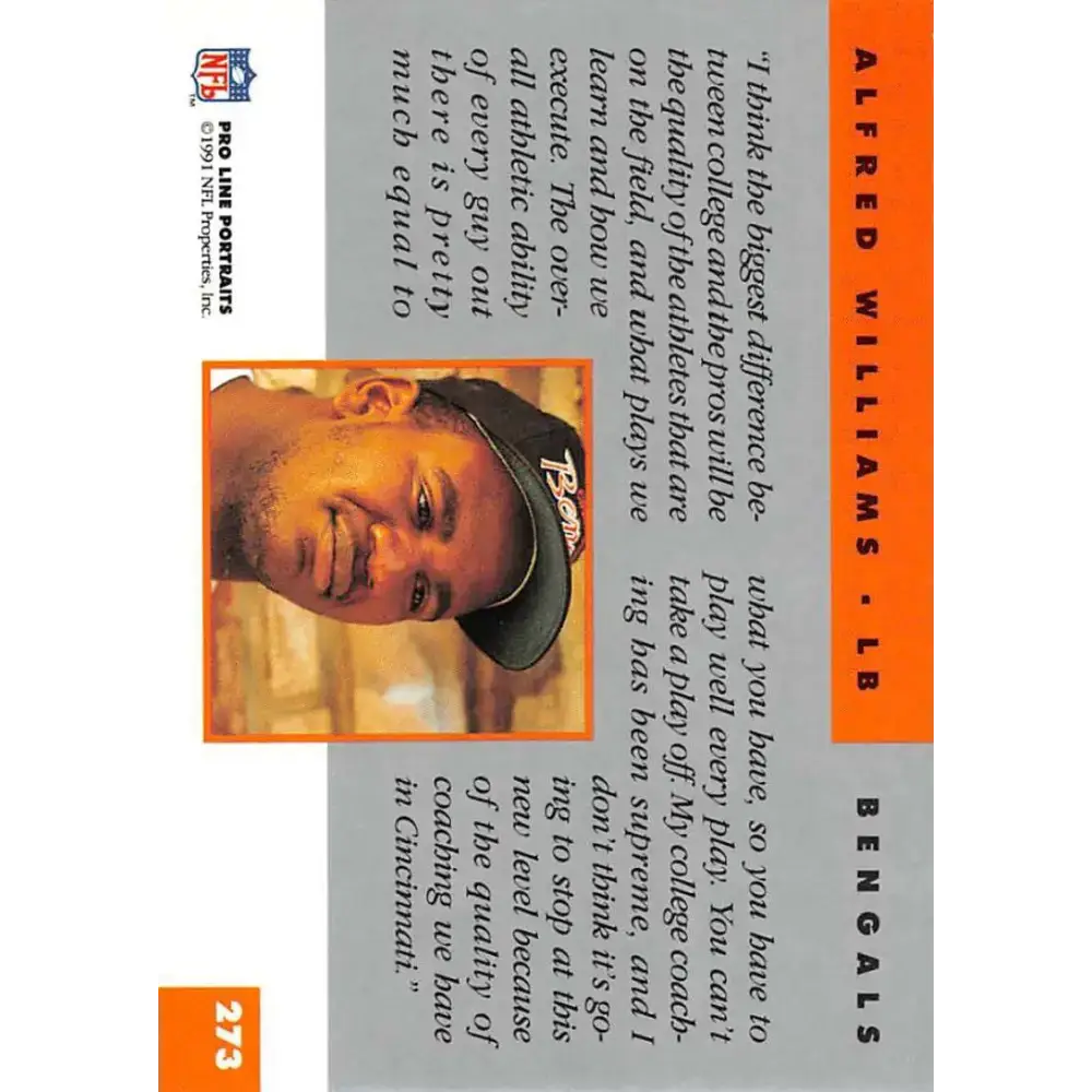 1991 Pro Line Portraits #273 Alfred Williams EX-NM RC Rookie Cincinnati Bengals Football Card - Football Card Single