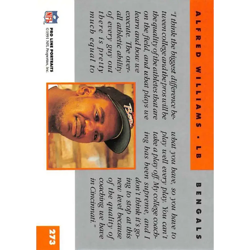 1991 Pro Line Portraits #273 Alfred Williams EX-NM RC Rookie Cincinnati Bengals Football Card - Football Card Single
