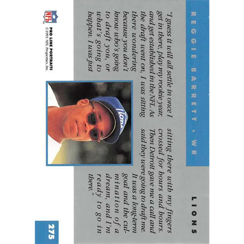 1991 Pro Line Portraits #275 Reggie Barrett EX-NM RC Rookie Detroit Lions Football Card - Football Card Single