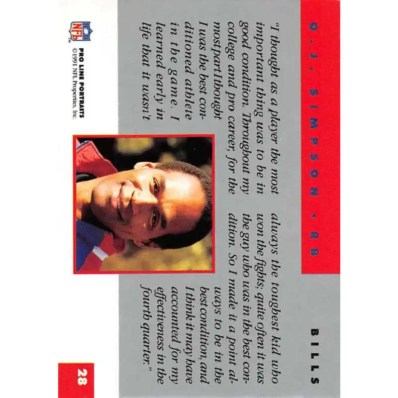 1991 Pro Line Portraits #28 O.J. Simpson EX-NM Buffalo Bills Football Card - Football Card Single