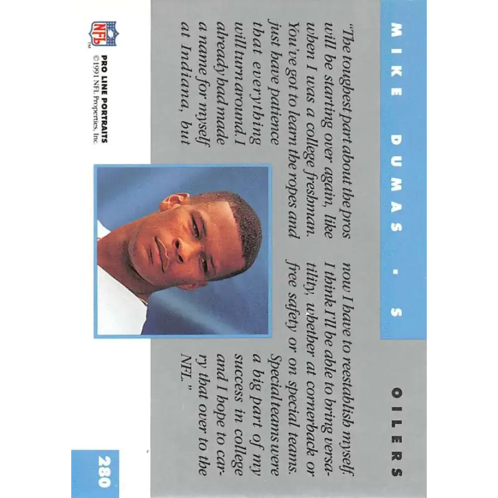 1991 Pro Line Portraits #280 Mike Dumas EX-NM RC Rookie Houston Oilers Football Card - Football Card Single