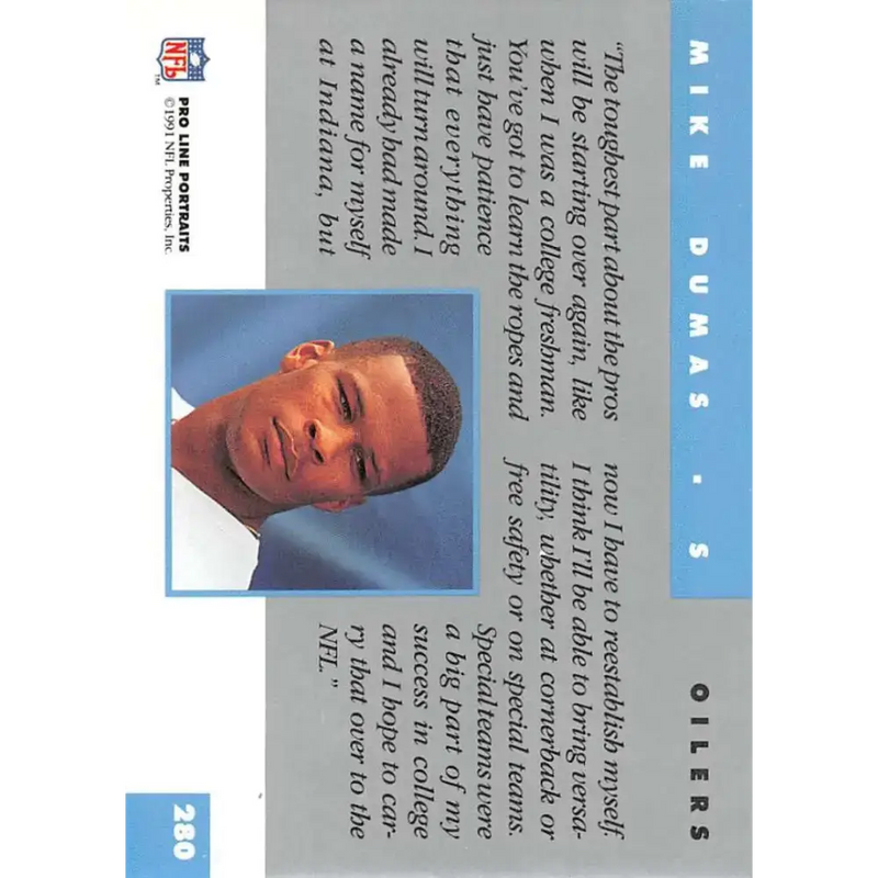 1991 Pro Line Portraits #280 Mike Dumas EX-NM RC Rookie Houston Oilers Football Card - Football Card Single