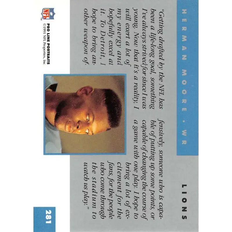 1991 Pro Line Portraits #281 Herman Moore EX-NM RC Rookie Detroit Lions Football Card - Football Card Single