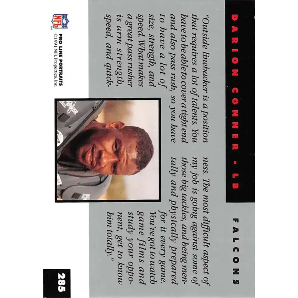 1991 Pro Line Portraits #285 Darion Conner EX-NM Atlanta Falcons Football Card - Football Card Single
