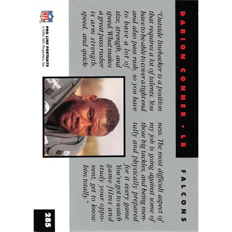 1991 Pro Line Portraits #285 Darion Conner EX-NM Atlanta Falcons Football Card - Football Card Single