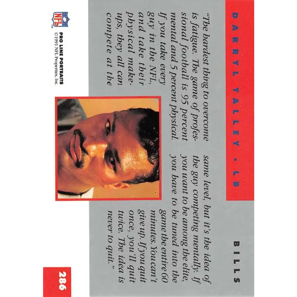 1991 Pro Line Portraits #286 Darryl Talley EX-NM Buffalo Bills Football Card - Football Card Single