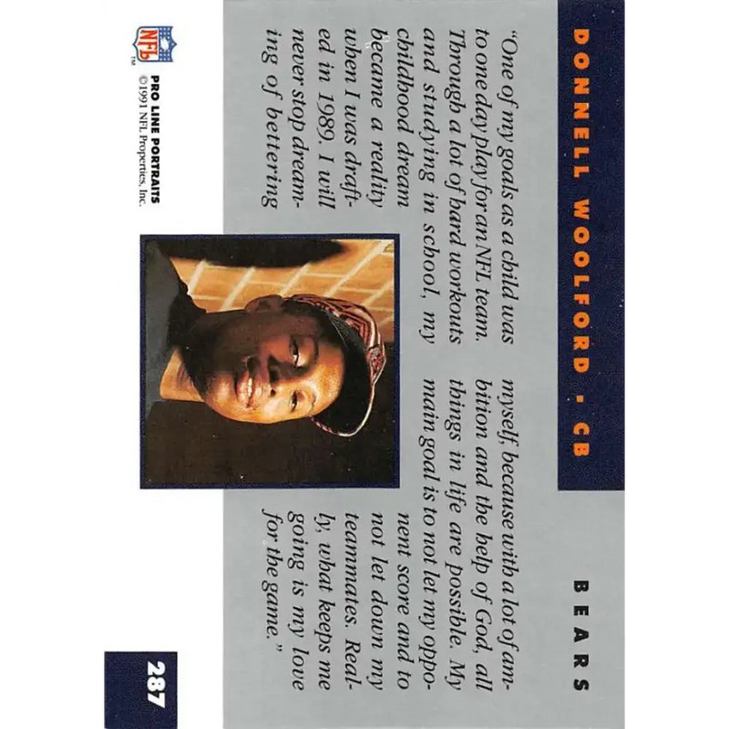 1991 Pro Line Portraits #287 Donnell Woolford EX-NM Chicago Bears Football Card - Football Card Single