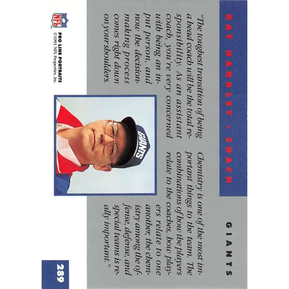 1991 Pro Line Portraits #289 Ray Handley EX-NM RC Rookie New York Giants Football Card - Football Card Single