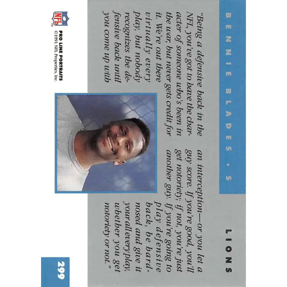 1991 Pro Line Portraits #299 Bennie Blades EX-NM Detroit Lions Football Card - Football Card Single