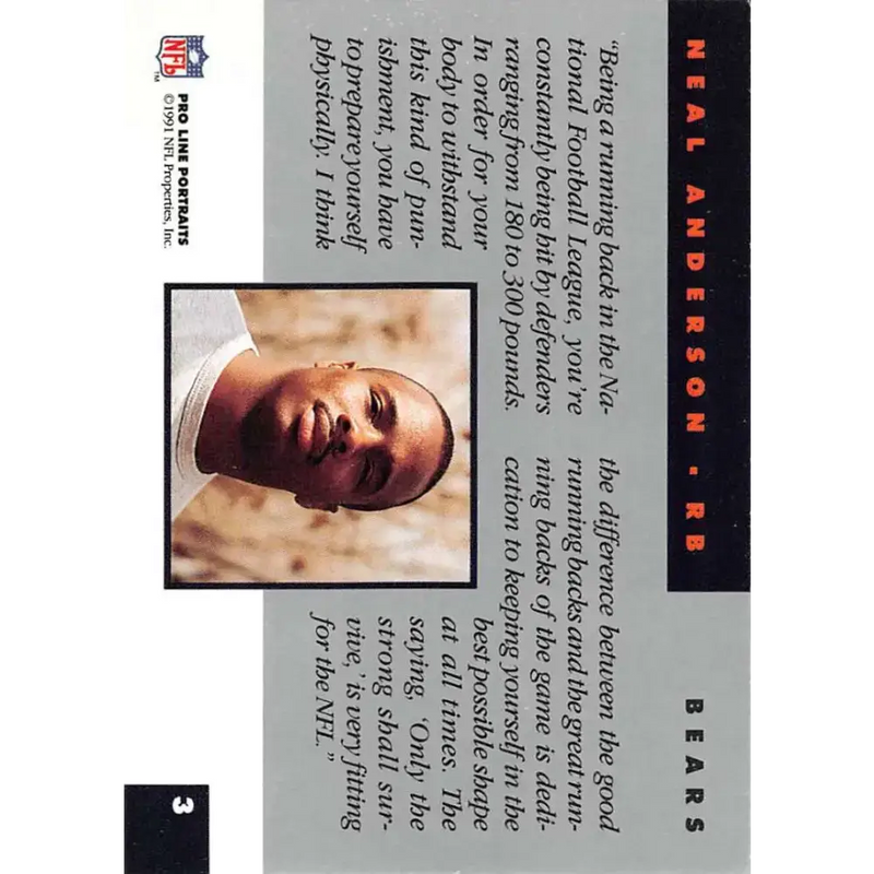1991 Pro Line Portraits #3 Neal Anderson EX-NM Chicago Bears Football Card - Football Card Single
