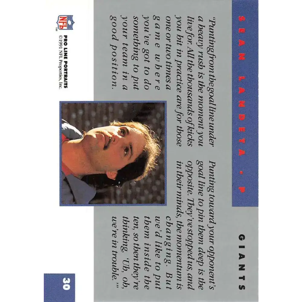 1991 Pro Line Portraits #30 Sean Landeta EX-NM New York Giants Football Card - Football Card Single