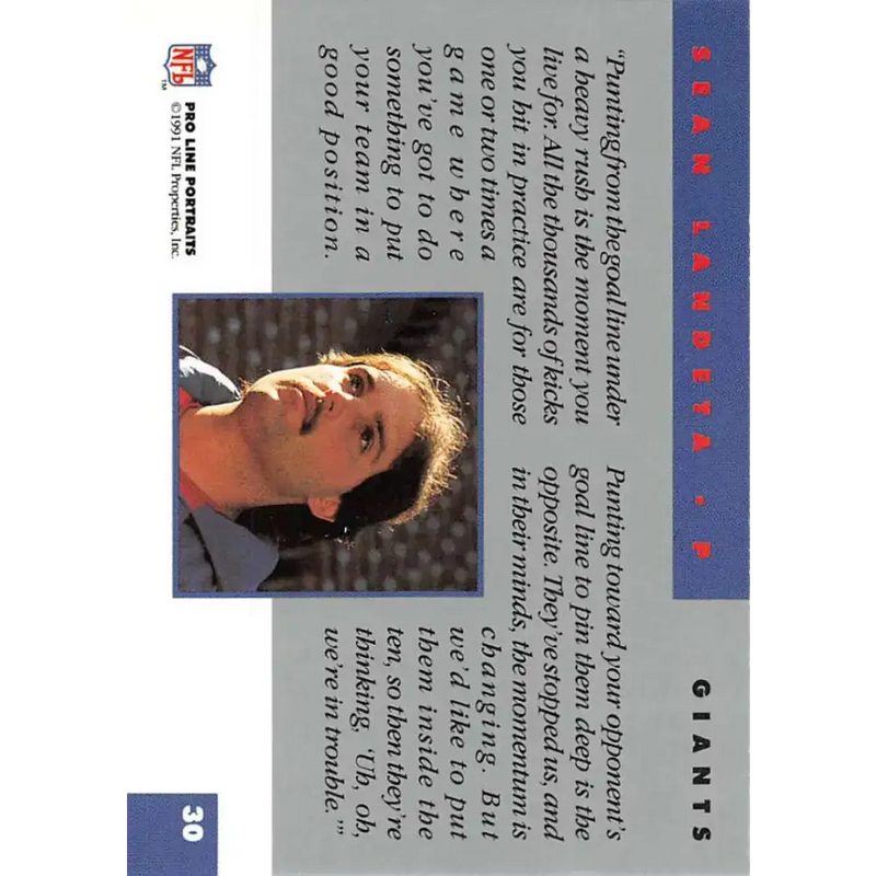 1991 Pro Line Portraits #30 Sean Landeta EX-NM New York Giants Football Card - Football Card Single