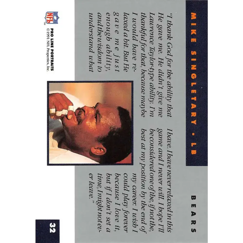1991 Pro Line Portraits #32 Mike Singletary EX-NM Chicago Bears Football Card - Football Card Single