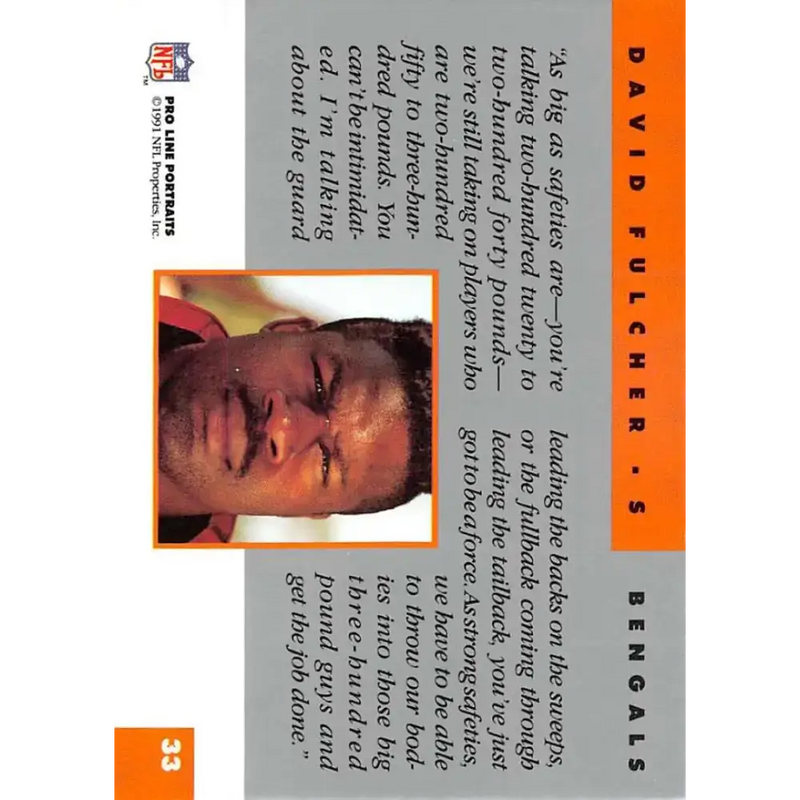 1991 Pro Line Portraits #33 David Fulcher EX-NM Cincinnati Bengals Football Card - Football Card Single