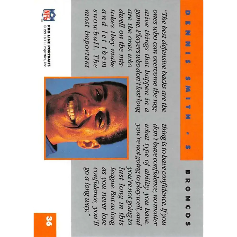 1991 Pro Line Portraits #36 Dennis Smith EX-NM Denver Broncos Football Card - Football Card Single