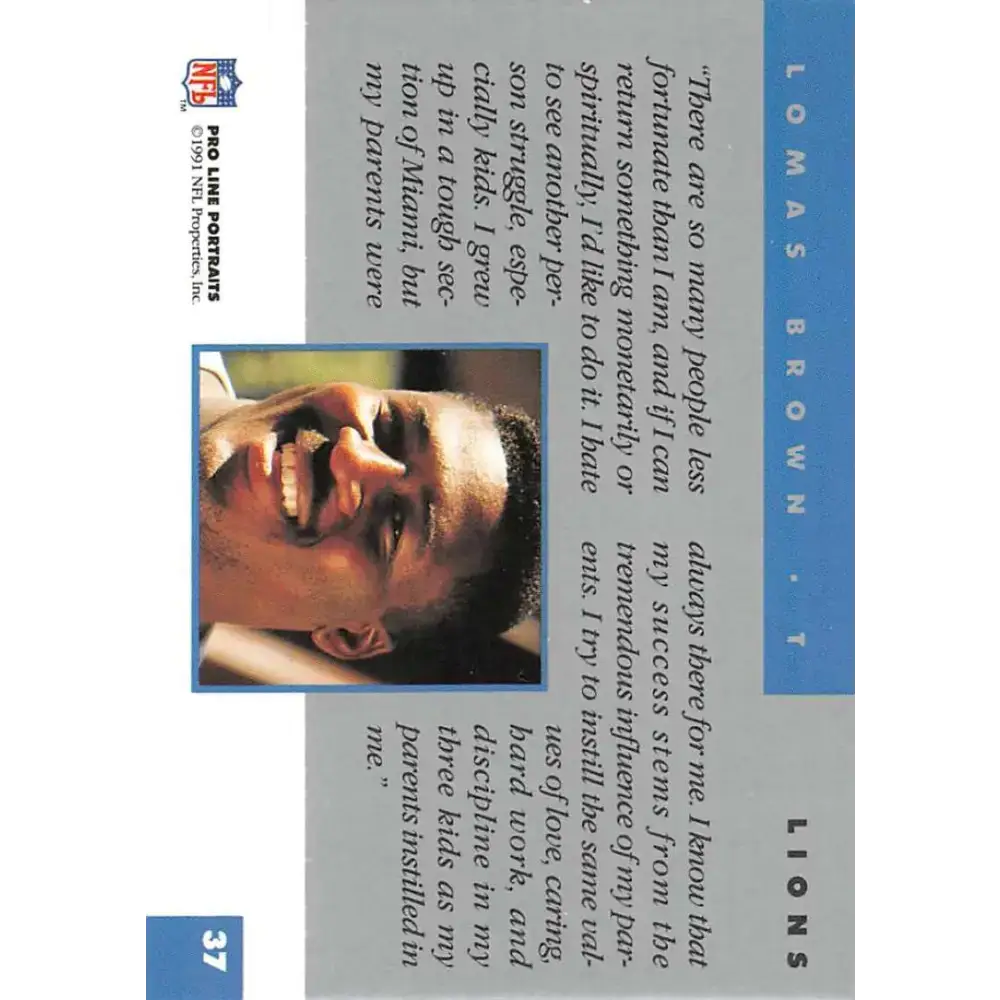 1991 Pro Line Portraits #37 Lomas Brown EX-NM Detroit Lions Football Card - Football Card Single