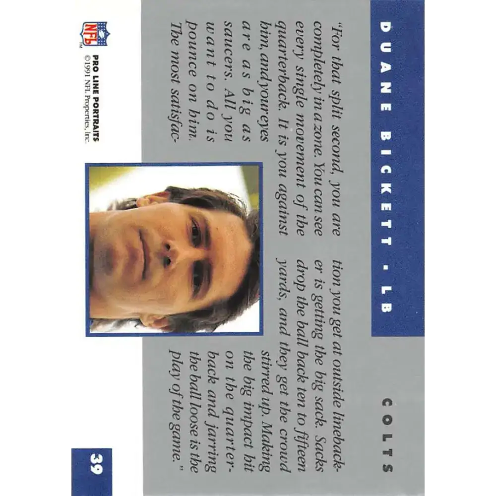 1991 Pro Line Portraits #39 Duane Bickett EX-NM Indianapolis Colts Football Card - Football Card Single