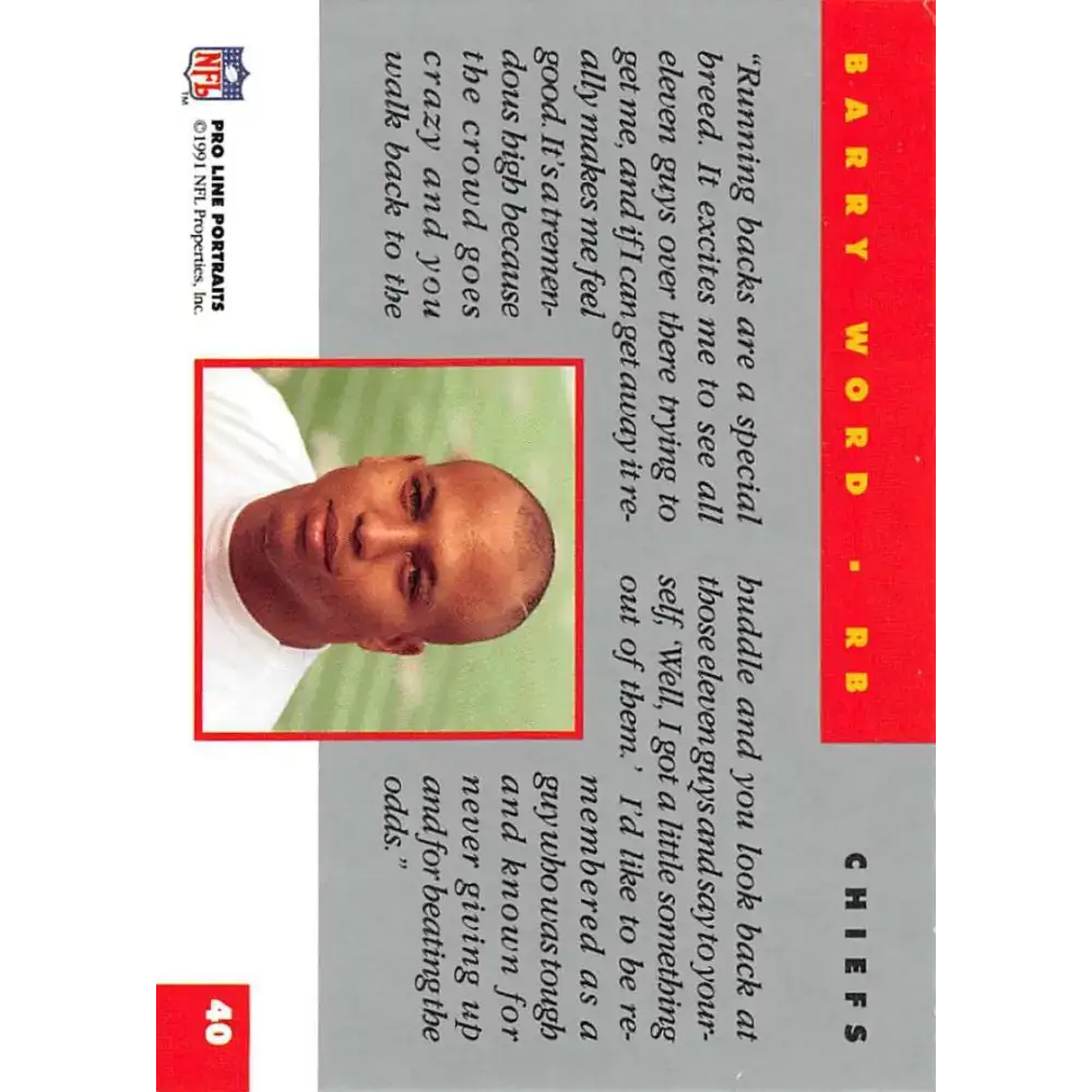 1991 Pro Line Portraits #40 Barry Word EX-NM Kansas City Chiefs Football Card - Football Card Single