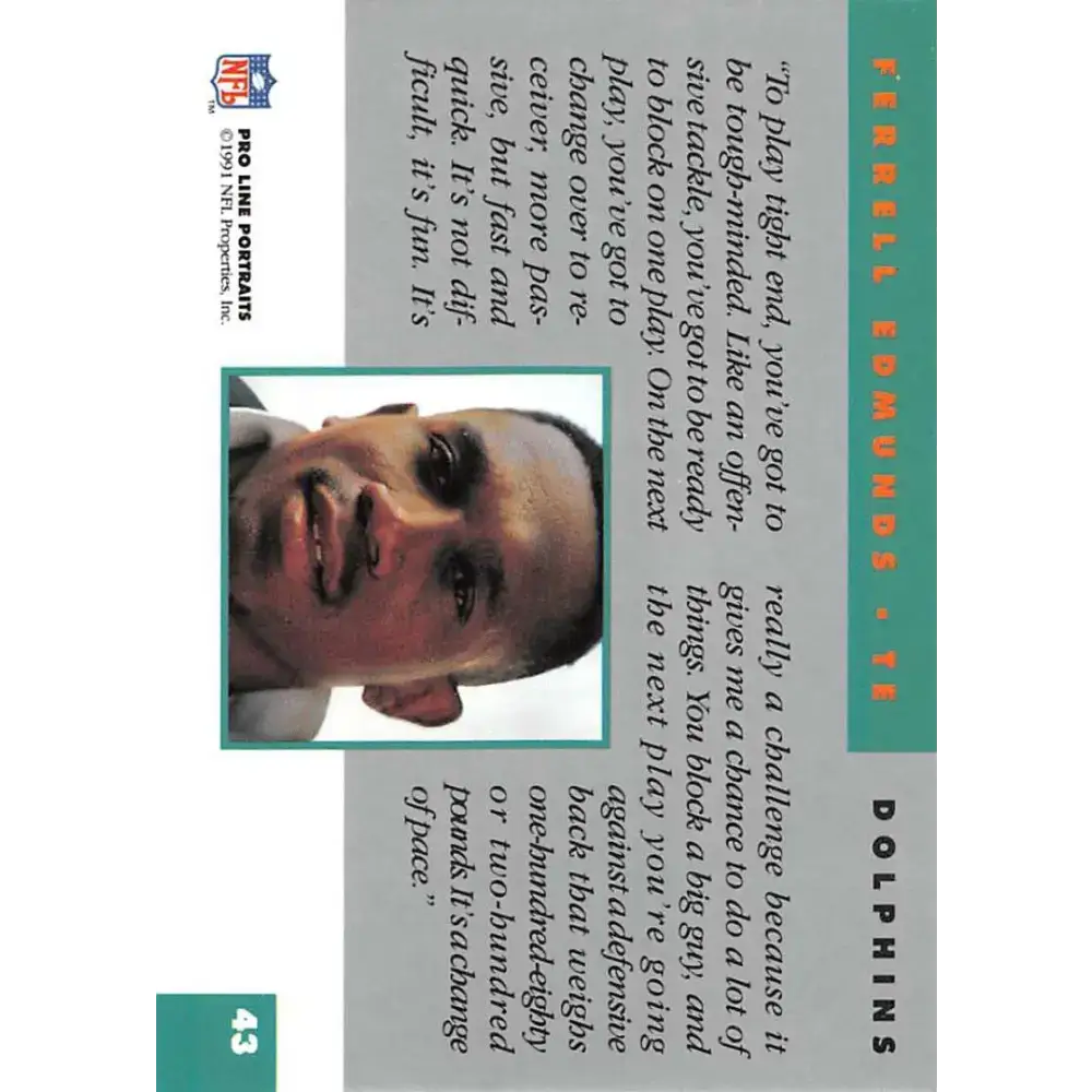 1991 Pro Line Portraits #43 Ferrell Edmunds EX-NM Miami Dolphins Football Card - Football Card Single