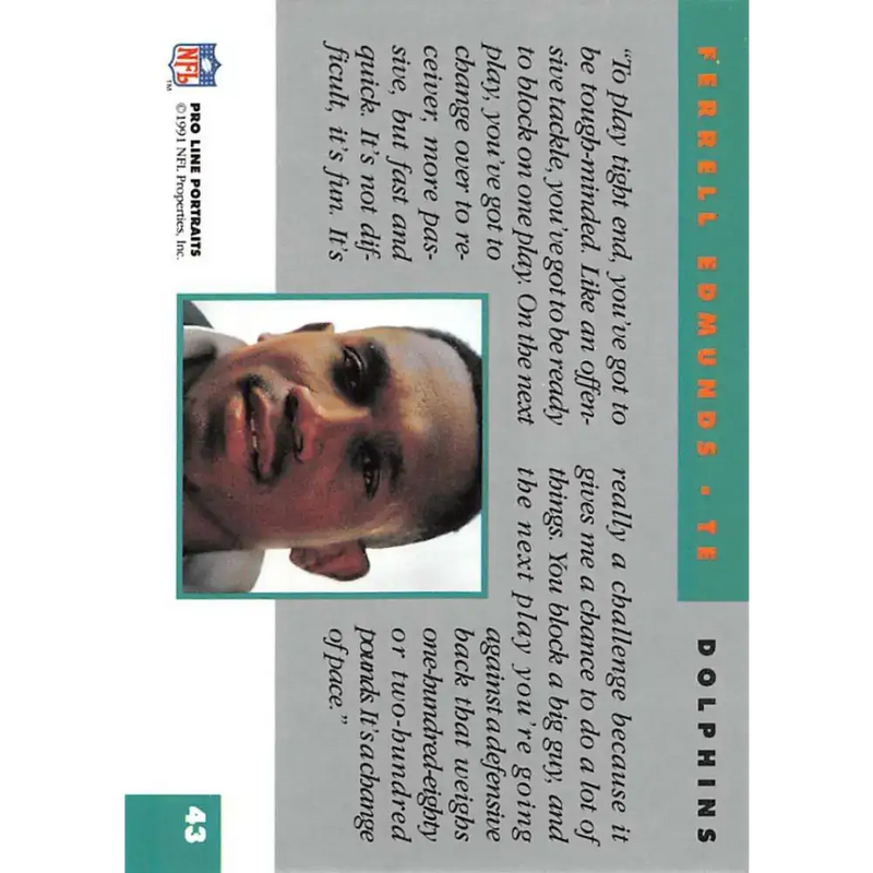 1991 Pro Line Portraits #43 Ferrell Edmunds EX-NM Miami Dolphins Football Card - Football Card Single