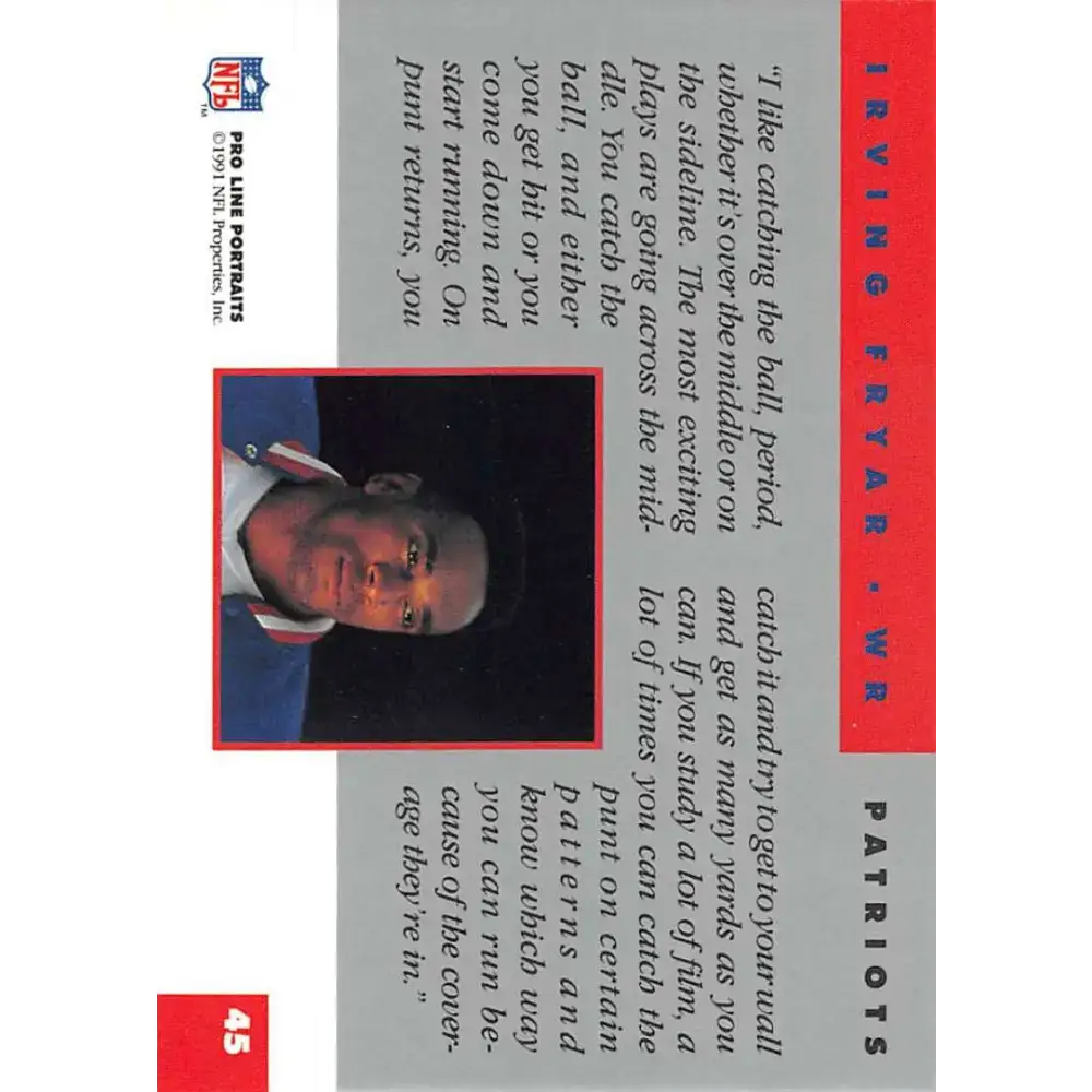 1991 Pro Line Portraits #45 Irving Fryar EX-NM New England Patriots Football Card - Football Card Single