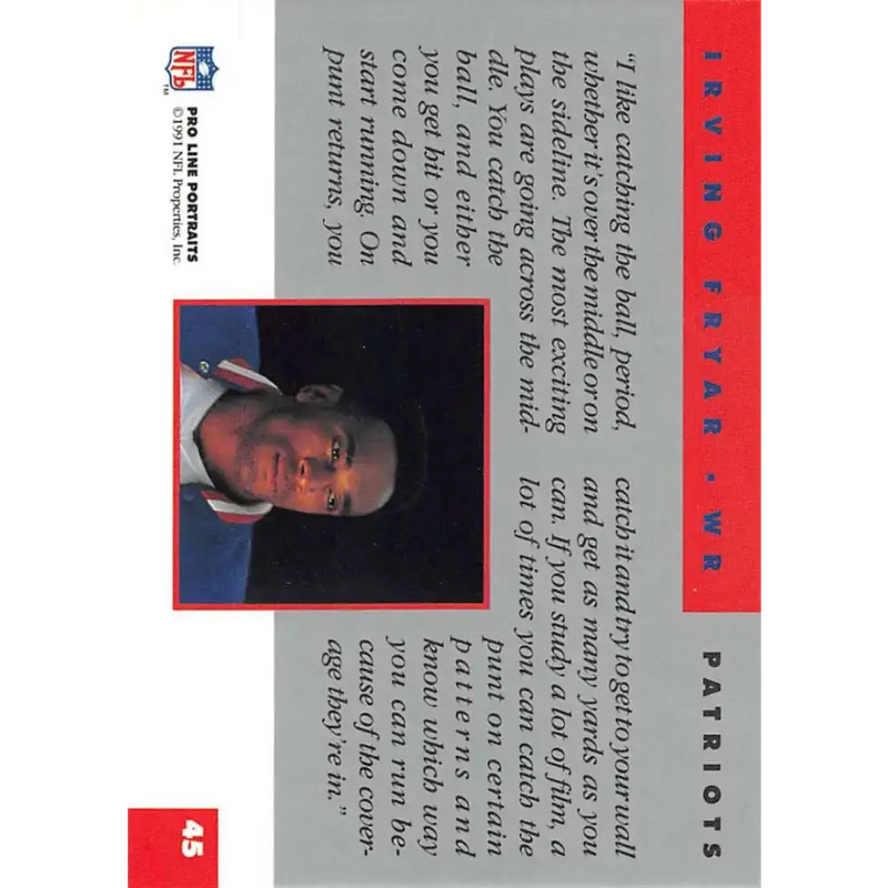 1991 Pro Line Portraits #45 Irving Fryar EX-NM New England Patriots Football Card - Football Card Single