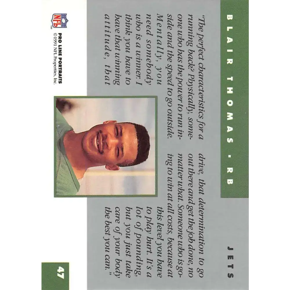 1991 Pro Line Portraits #47 Blair Thomas EX-NM New York Jets Football Card - Football Card Single