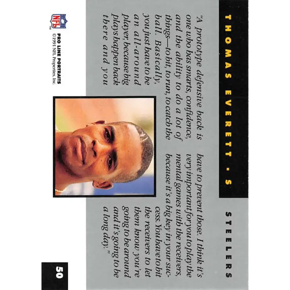 1991 Pro Line Portraits #50 Thomas Everett EX-NM Pittsburgh Steelers Football Card - Football Card Single