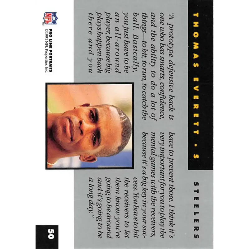 1991 Pro Line Portraits #50 Thomas Everett EX-NM Pittsburgh Steelers Football Card - Football Card Single