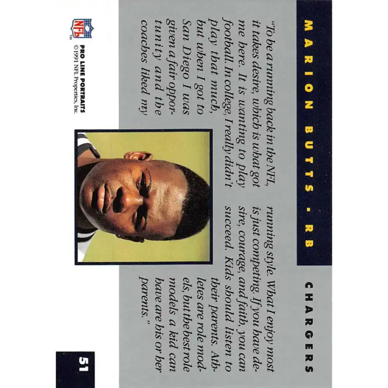 1991 Pro Line Portraits #51 Marion Butts EX-NM San Diego Chargers Football Card - Football Card Single