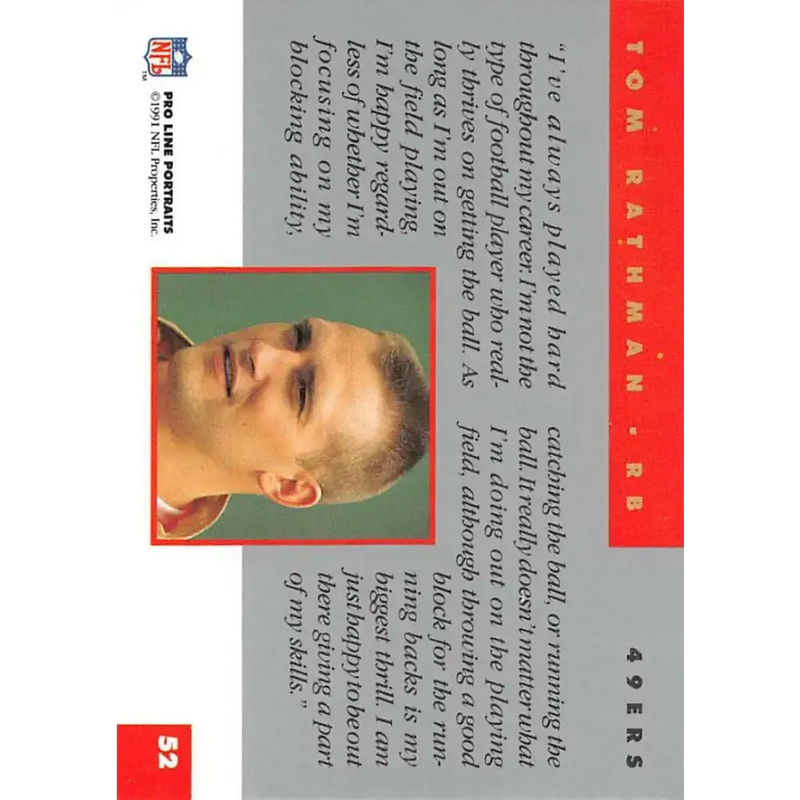 1991 Pro Line Portraits #52 Tom Rathman EX-NM San Francisco 49ers Football Card - Football Card Single