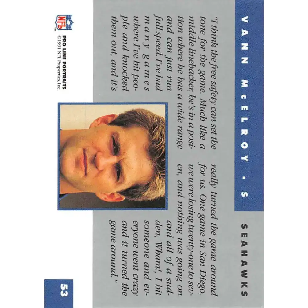 1991 Pro Line Portraits #53 Vann McElroy EX-NM Seattle Seahawks Football Card - Football Card Single