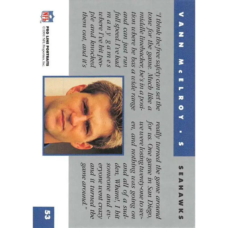 1991 Pro Line Portraits #53 Vann McElroy EX-NM Seattle Seahawks Football Card - Football Card Single