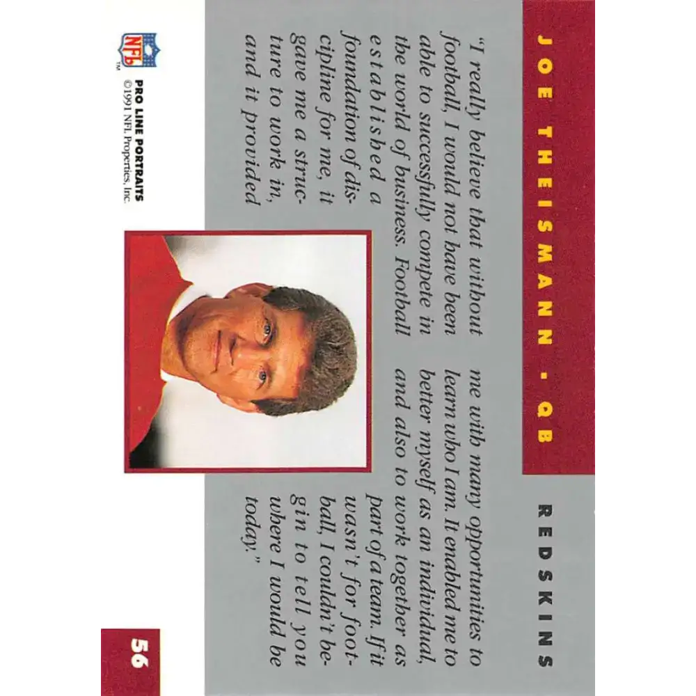 1991 Pro Line Portraits #56 Joe Theismann EX-NM Washington Redskins Football Card - Football Card Single