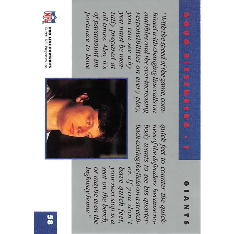 1991 Pro Line Portraits #58 Doug Riesenberg EX-NM New York Giants Football Card - Football Card Single