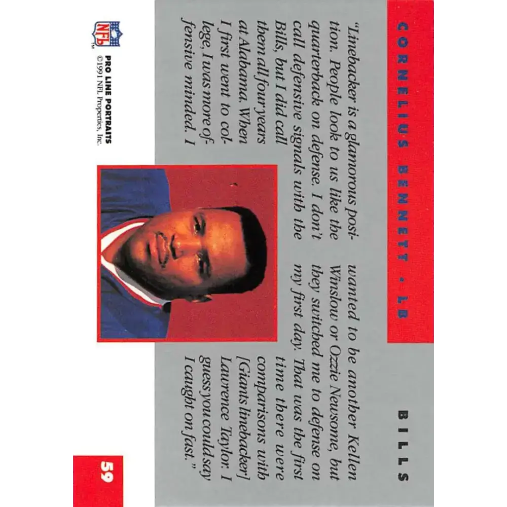 1991 Pro Line Portraits #59 Cornelius Bennett EX-NM Buffalo Bills Football Card - Football Card Single