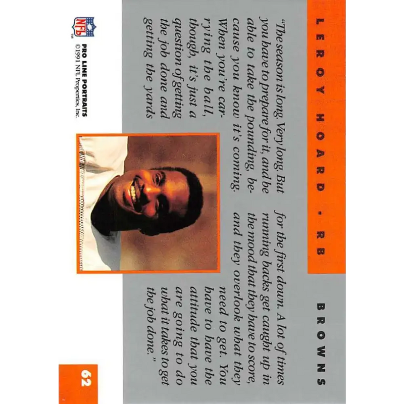 1991 Pro Line Portraits #62 Leroy Hoard EX-NM Cleveland Browns Football Card - Football Card Single