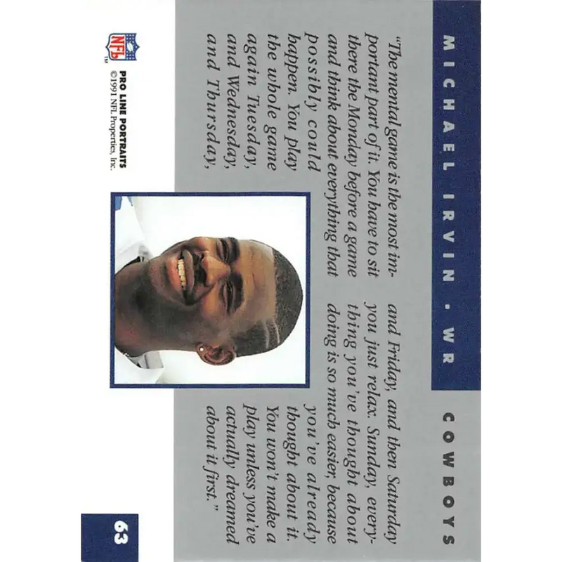 1991 Pro Line Portraits #63 Michael Irvin EX-NM Dallas Cowboys Football Card - Football Card Single