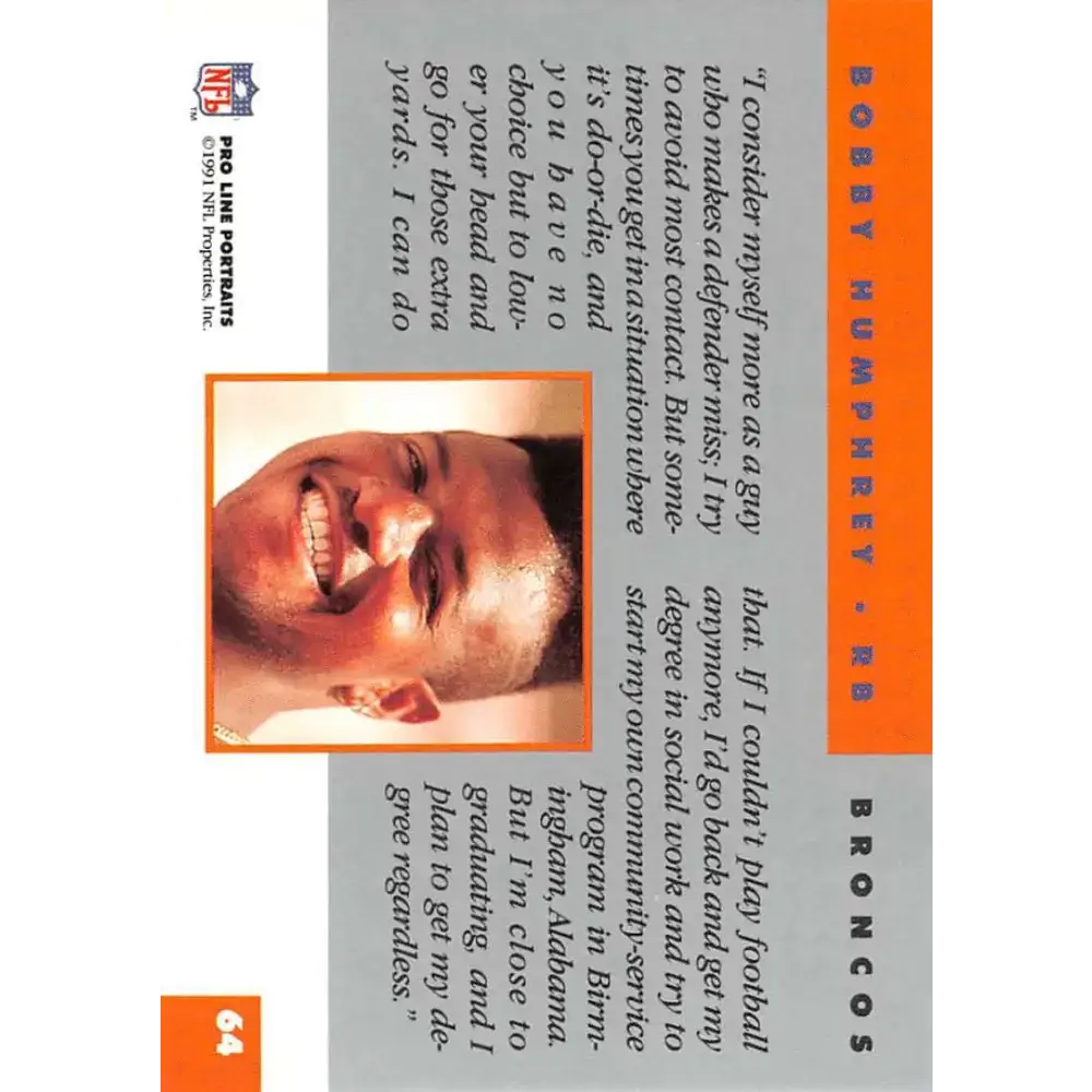 1991 Pro Line Portraits #64 Bobby Humphrey EX-NM Denver Broncos Football Card - Football Card Single