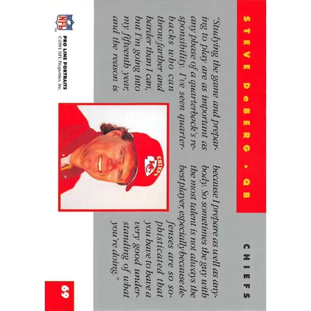 1991 Pro Line Portraits #69 Steve DeBerg EX-NM Kansas City Chiefs Football Card - Football Card Single