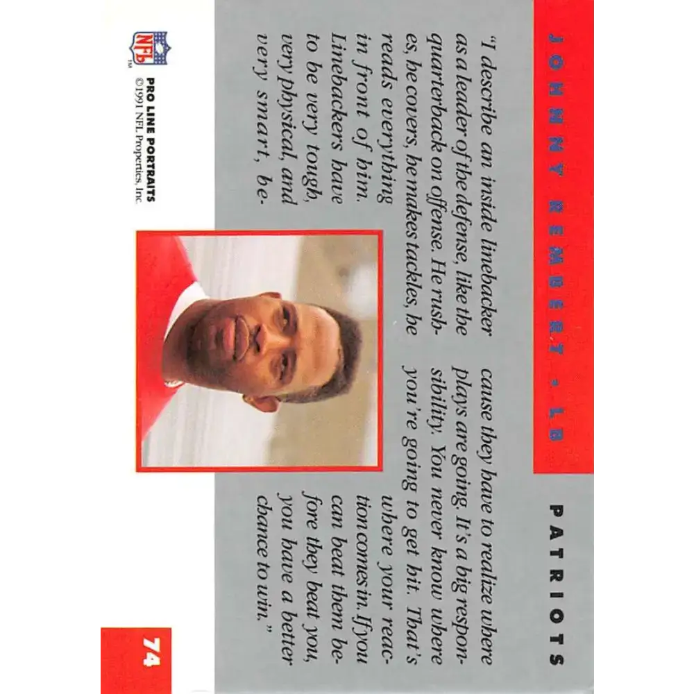 1991 Pro Line Portraits #74 Johnny Rembert EX-NM New England Patriots Football Card - Football Card Single