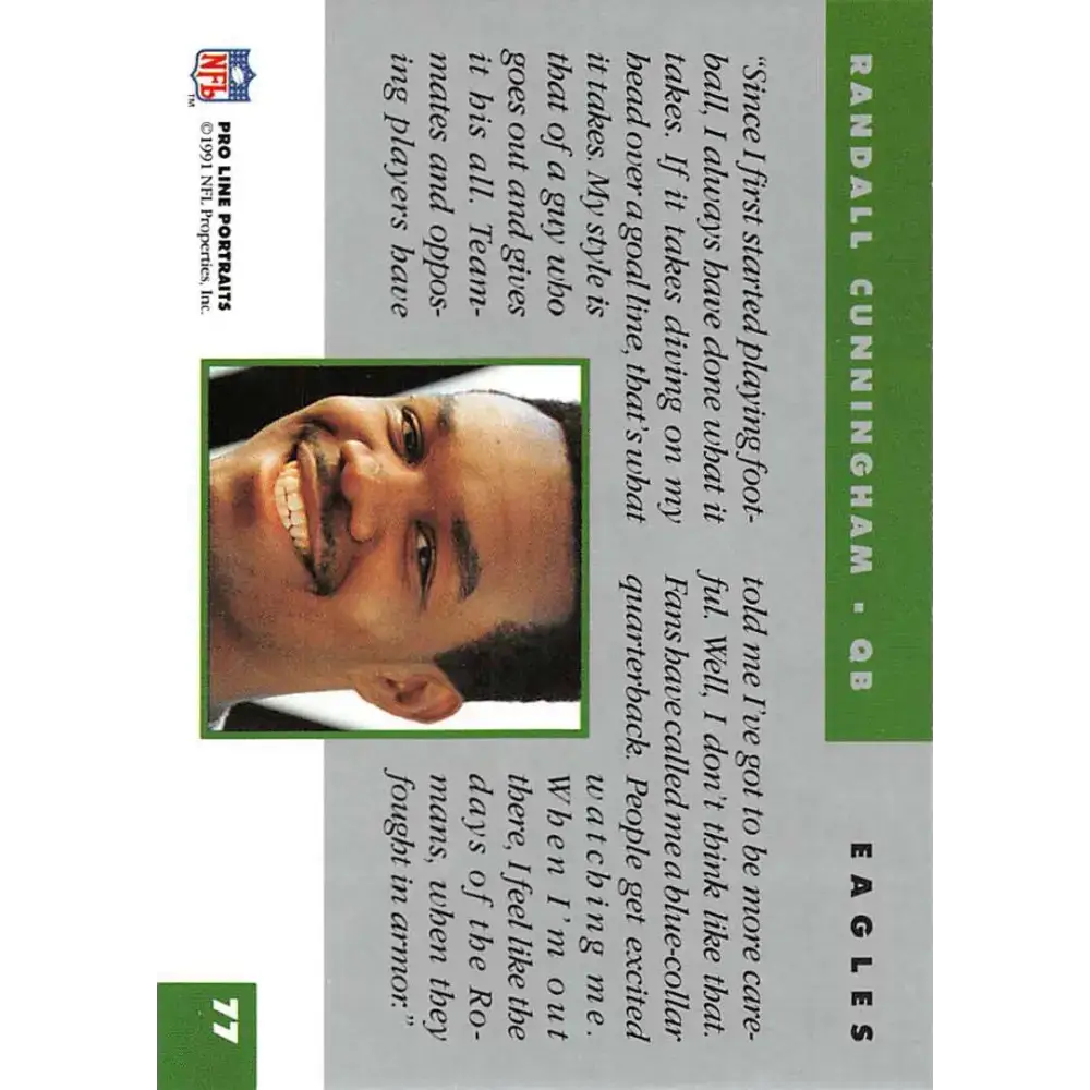 1991 Pro Line Portraits #77 Randall Cunningham EX-NM Philadelphia Eagles Football Card - Football Card Single